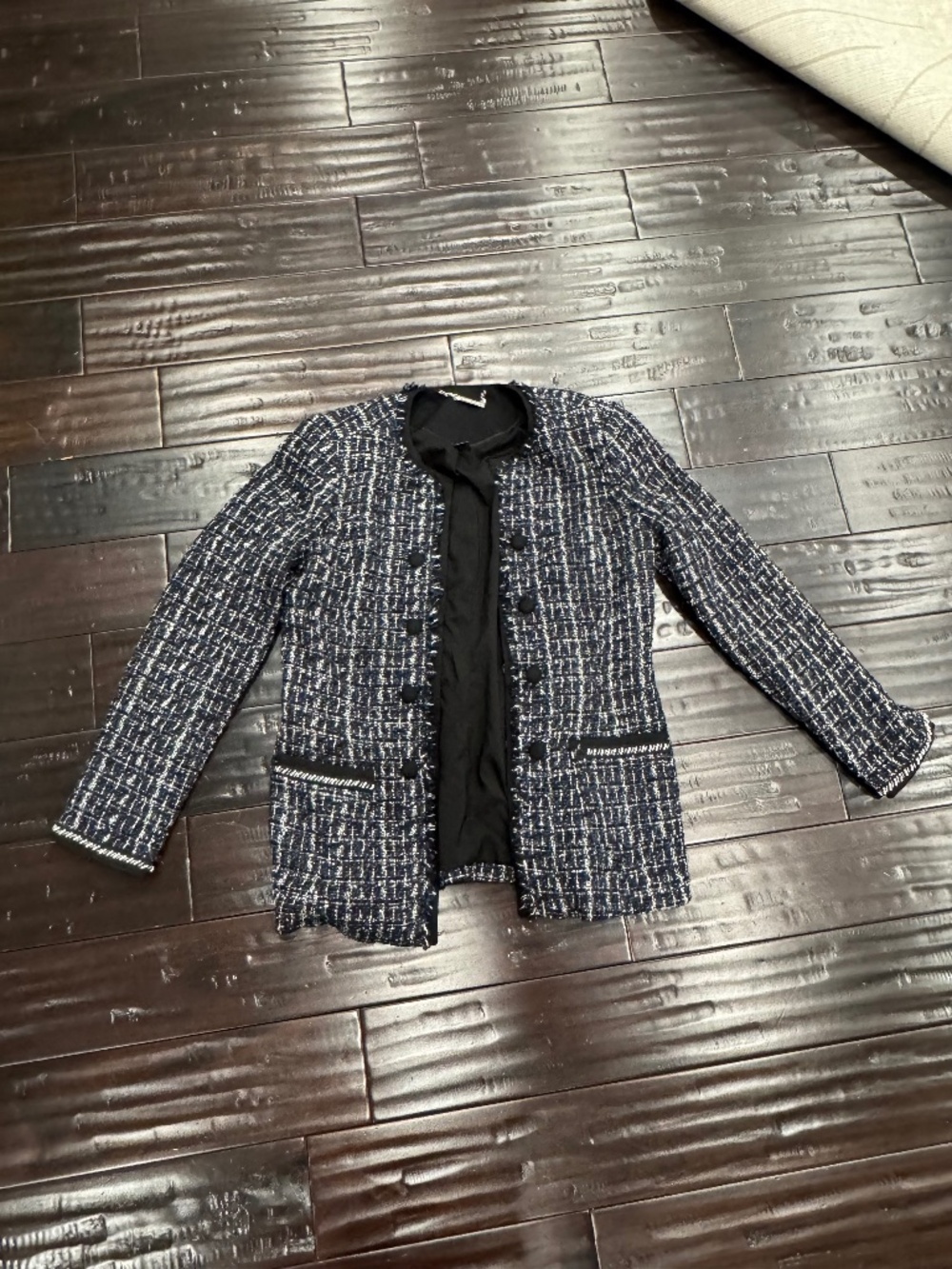 White House Black Market Women's Blue Tweed Open Front Blazer Jacket Size 14